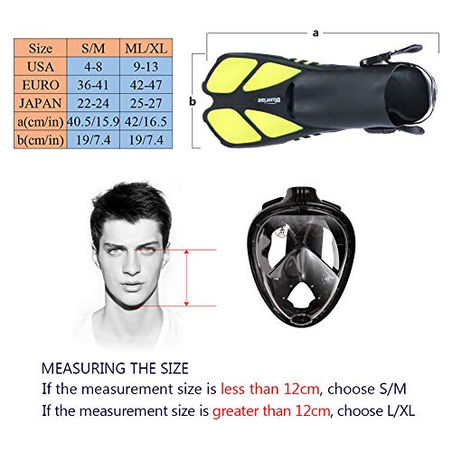 BLUERISE Snorkel Set Antifog Adult Full Face Diving Mask with Adjustable Swim Fins Anti-Leak Snorkeling Scuba Gear Snorkel Mask for Kids Diving Fins