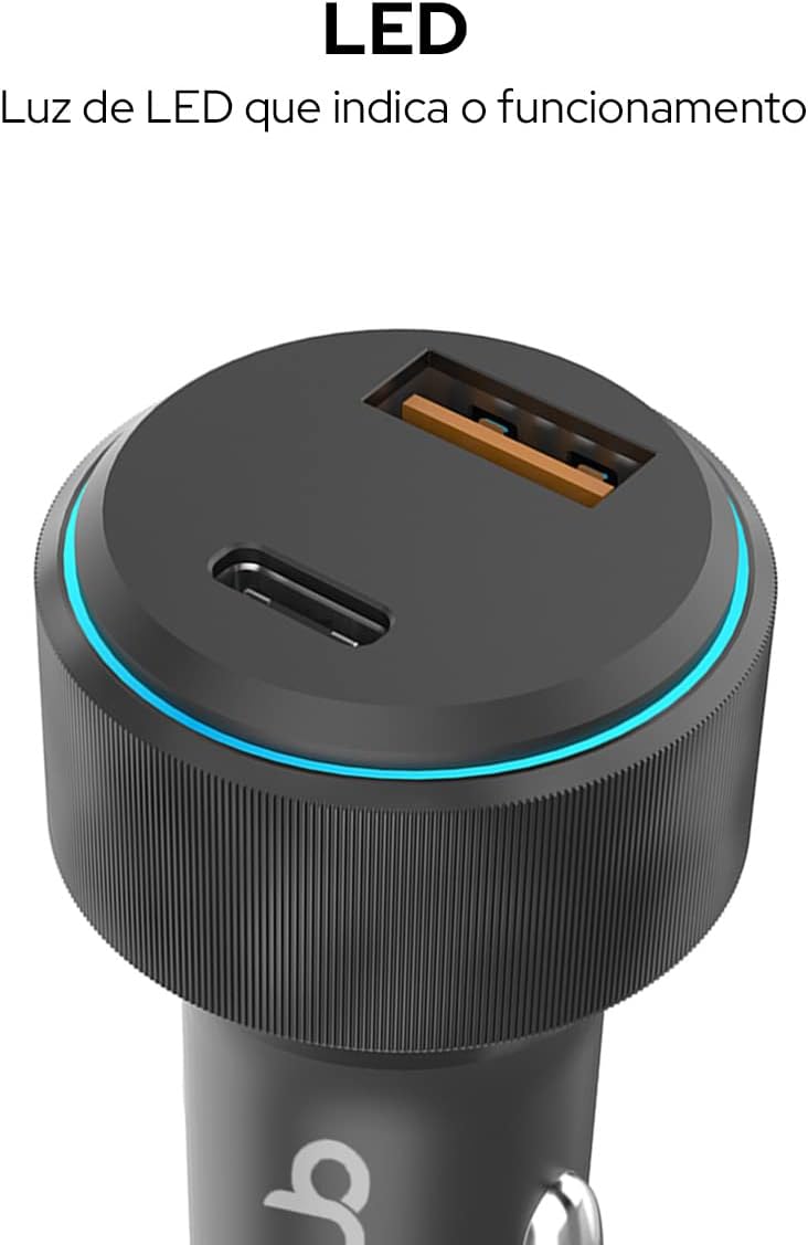 WB Carregador USB-C e USB-A rápido Veicular com duas entradas 48W, Preto