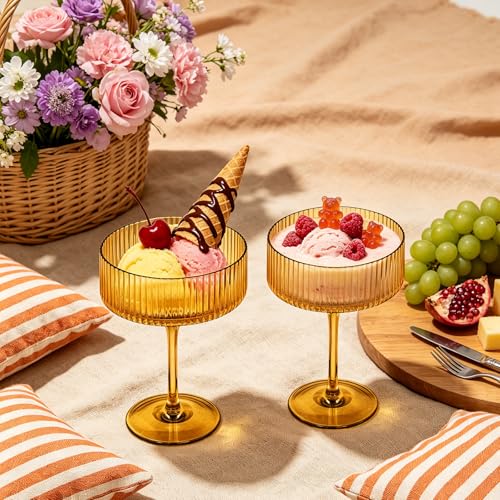 Rkyhwowby 6 PCS Ribbed Coupe Glasses Amber Plastic Champagne Coupe Cup 10.5oz Espresso Martini Glass Shatterproof Acrylic Vintage Margarita Glassware Cocktail Glass for Thanksgiving Wedding - image 2