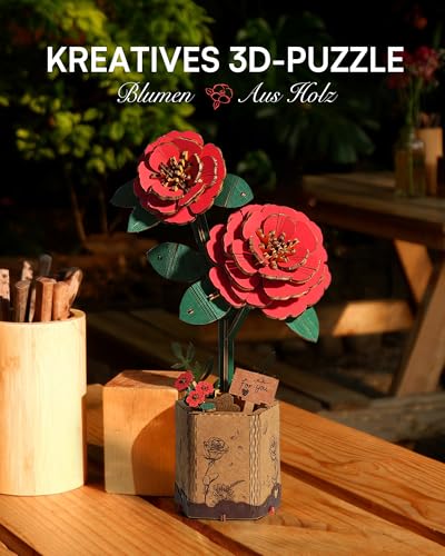 ROBOTIME 3D Holz Blumen Puzzle Rote Kamelie, Modellbausätze für Erwachsene zum Zusammenbauen, künstliche Ewige Blüten, DIY Bastelset… – Ansicht 4