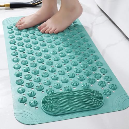 Image of VHKD PVC Bathroom Door Bath mat Anti Slip Skid with Foot Scrubber for Room Shower Suction Cups Drain Holes Silicone Floor mat Rectangle (Marsh Green)