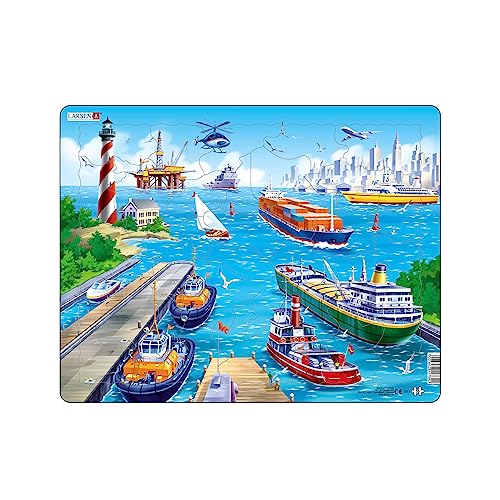 Larsen US2 Rahmenpuzzle für Kinder I Schiffe in einem belebten Hafen I Puzzle ab 3 Jahre I Schönes Kinderpuzzle mit 35 Teilen I Spiel, Spaß & Lernen