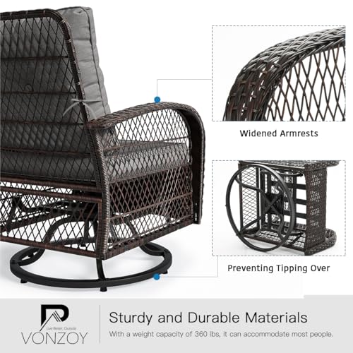 VONZOY 3 Pieces Patio Furniture Set, Outdoor Swivel Glider Rocker, Wicker Patio Bistro Set with Rocking Chair, Thickened Cushions and Table for Porch (Grey) - Thumbnail 4