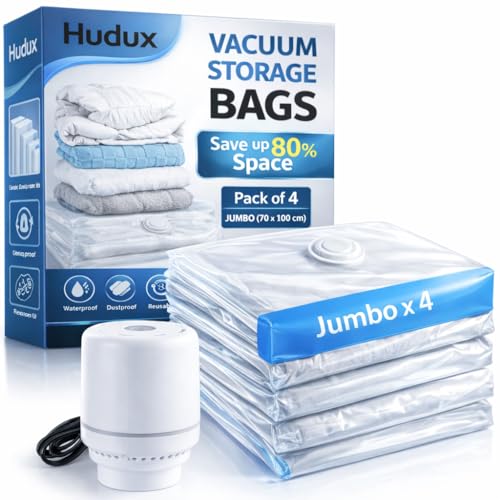 Image of Pack Of 4 Jumbo 70 x 100 CM Vacuum Storage Compression Ziplock Bags With Electric Pump for Clothes, Blankets, Pillows, Bedding, Comforters - Airtight Reusable Packing Bags,Vacuum Bags