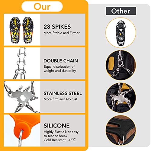Crampons Ice Cleats Anti Slip Newest 28 Stainless Steel Spikes Suitable for All Boots Shoes Great Protect for Hiking Trekking Walking Jogging Climbing Mountaineering Fishing Men Women Kids(Orange, L)