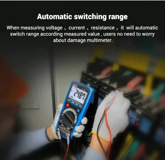 Person using DT-9919 multimeter to measure electrical parameters, demonstrating automatic range switching
