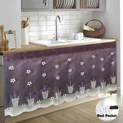 Image of Embroidered Kitchen Sink Curtain with Rod Pocket | Decorative Under Sink Cabinet Curtain | Floral & Peacock Design | Washable Fabric | Size: 150 x 71 CM (Purple, Pack of 1)