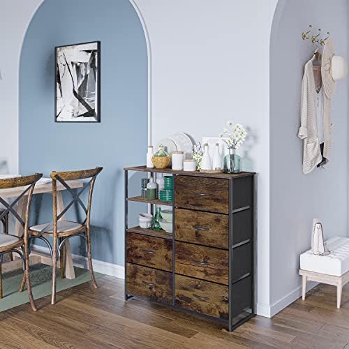 Chest of Drawers with 6 Drawers and Shelves Wide Storage Floor Cabinet Sideboards Storage Vintage Cupboard Unit Dresser Organiser for Bedroom Living Room Kitchen Hallway Wooden + Steel Black + Brown