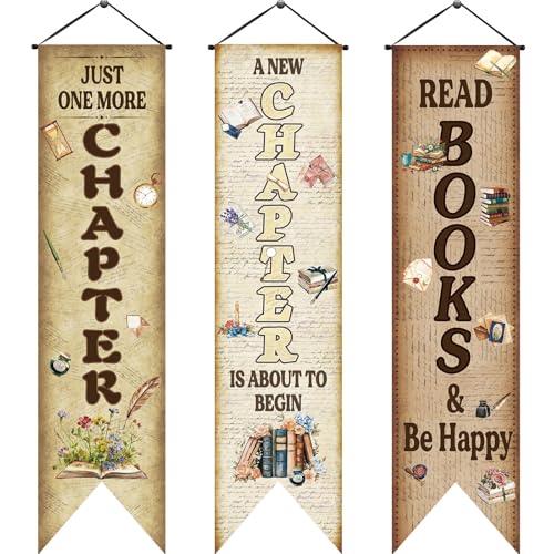 Image of Chiisong 3 Pcs Vintage Book Party Decorations Retro Book Club Banners Library Reading Porch Signs a New Chapter Hanging Flags Photo Prop Backdrop Supplies for Door Wall Yard Birthday School Classroom