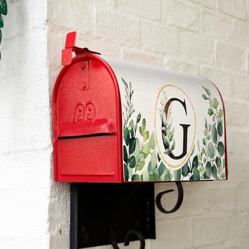Image of Tiamon Monogrammed G Mailbox Covers Magnetic Eucalyptus Welcome Letter Box Wrap Standard Size 21x18 Inch Spring Summer Leaves Mailbox Decor Eucalyptus Letter Numbers Decoration for Outdoor Garden Yard
