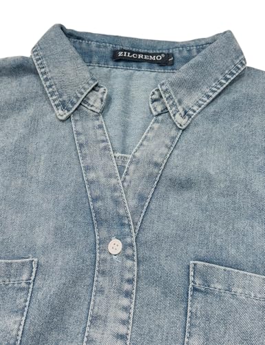 Image of Zilcremo Women Denim Dress Long Sleeve Button Down Jean Shirt | Chambray Casual Tunic Top,Distressed,Fringe Hem,Loose Fit,Mini Length,Country Concert Outfits,Daily Wear,for Spring and Fall