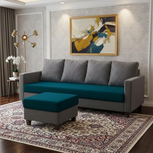 Image of FURNY Arnold 5 Seater L Shape Sofa Set with Movable Ottoman | Flexible Left or Right Layout | Plush Velvet Fabric (Dark Grey-Greenish Teal) | Perfect for Living Room, Guest Room & Office