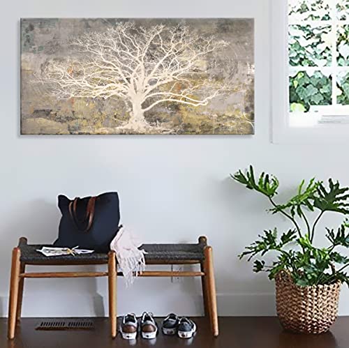 Abstract Tree Of Life Canvas Wall Art Grey White Beige Paintings Modern Abstract Forest Rustic Pictures Artwork For Living Room Bedroom Office Large Framed Decoration 40X20 In #TOP7