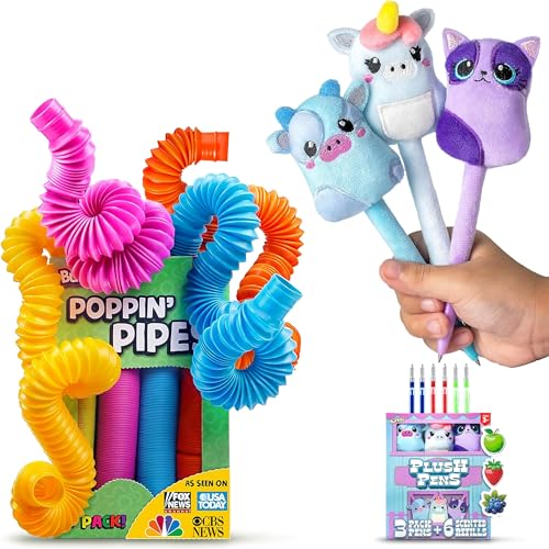 Image of BUNMO Stretch & Write 3 Pack Cute Gel Pens w /Soft Grip & 6 Refills - Pop Tubes Sensory Toys 4 Pack Large - Non-Mouthable Toy 3+ - Gift for Teens