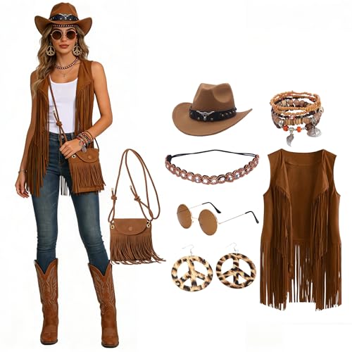CEWIFO Cowgirl Kostüm Damen - Western Outfit Hippie Set, Fransenweste Weste mit Hippie Ohrringe Brille Armband Kleine Handtasche Halskette, Mode 60er...