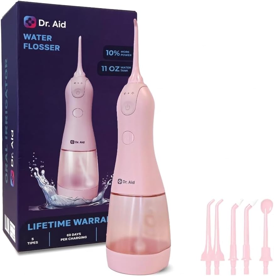 Dr. Aid Portable Water Flosser - Dental Oral Irrigator for Travel with 11Oz Tank, Filter, 5 Tips, Magnetic Charger - IPX8 Waterproof Electric Flosser - Water Flossers for Teeth, Gums, Braces (Pink)