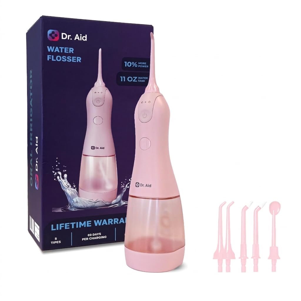 Dr. Aid Irrigador bucal dental – Irrigador oral portátil – Tanque de 11 onzas, filtro de agua, 5 puntas, cargador magnético – Irrigador bucal inalámbrico impermeable IPX8, hilo dental ideal para