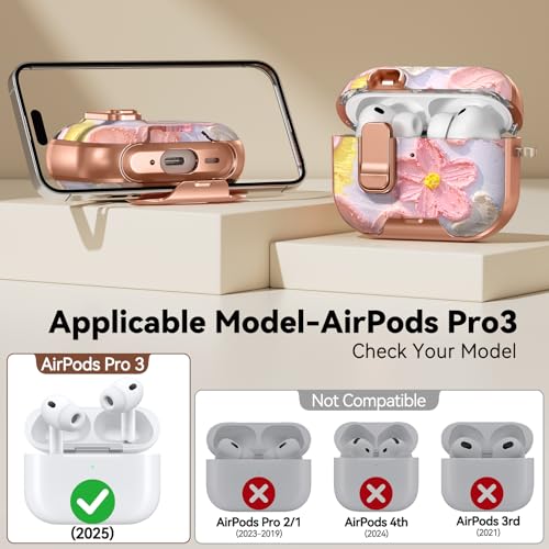 Image of for AirPod Pro 3 Case 2025, with Safty Lock & Phone Stand for Pink AirPod Pro 3 Generation Case Cover for Women Girly, iPod Pro 3 Cases with Keychain & Cleaner Kit - Oil Painting Flower