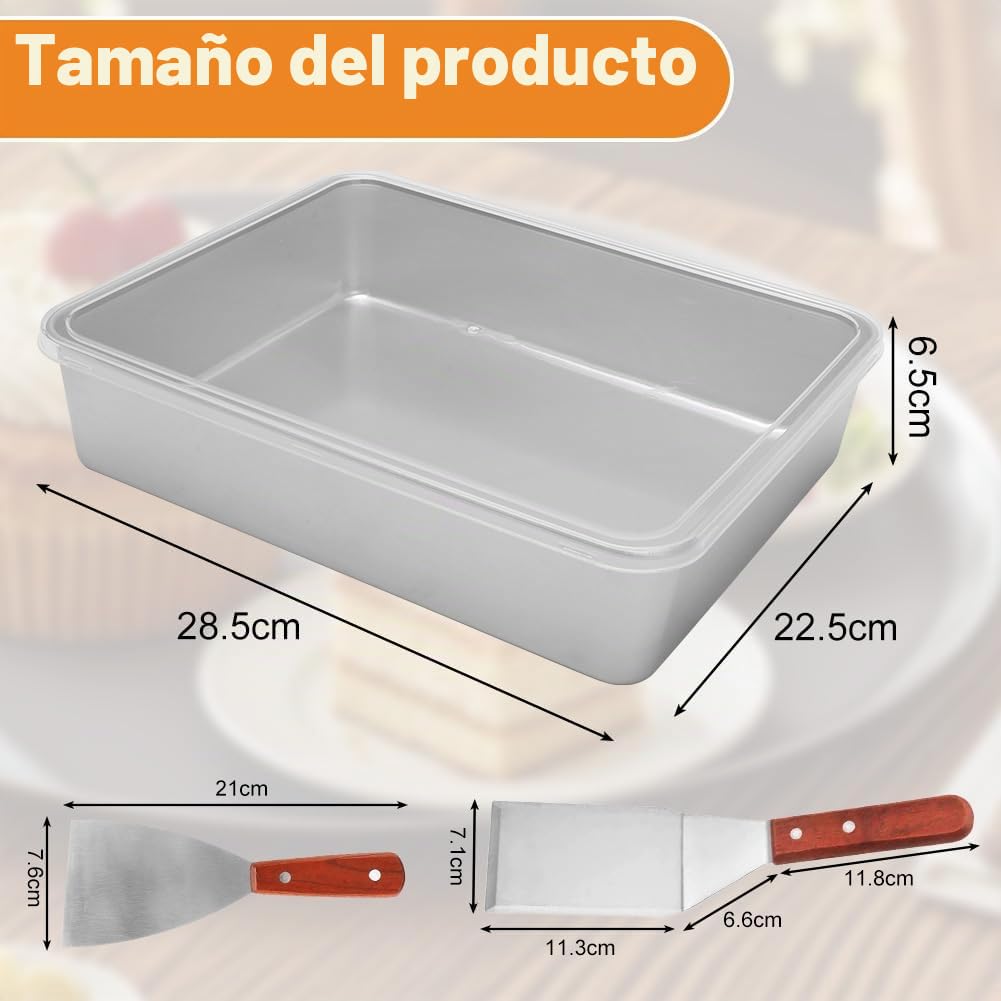 RANJIMA Molde para tartas, de acero inoxidable con tapa hermética, 2 espátulas para tartas, bandeja rectangular para hornear, asar, almacenamiento apto para lavavajillas, para cazuelas, pasteles