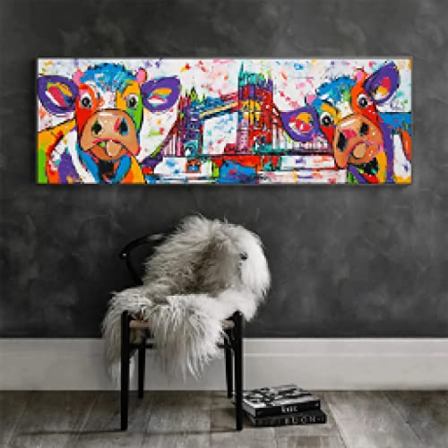 Toile vache abstraite colorée grand format 50x150 cm pour décoration salon moderne