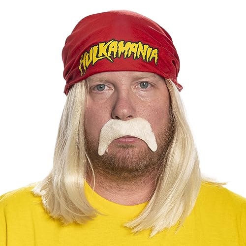 Costume Agent Red Mania Wrestler Bandana with Attached Wig and Mustache Halloween Costume Cosplay