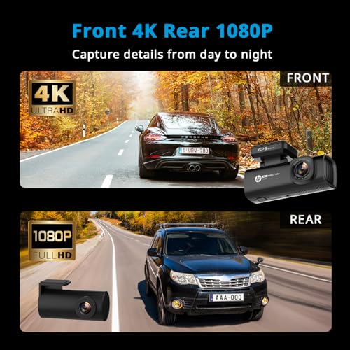 Image of HP 4K+1080P Dash Cam, Front and Rear Dash Camera for Cars, 1.5 inch LCD Screen, 64GB Card, Night Vision with WDR, Support Parking Mode, GPS Tracking, G-Sensor Accident Recording, Model f499x