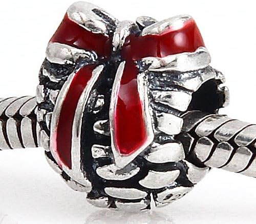 Everbling Christmas Pinecone with Red Enamel Ribbon 925 Sterling Silver Bead Fits European Charm Bracelet