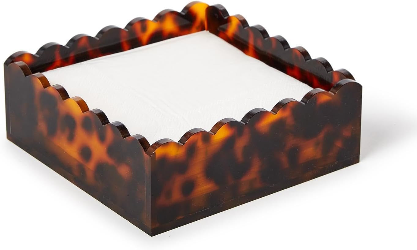 Two's Company Tortoise Print Scalloped Edge Cocktail Napkin Holder, 6-Inch, Acrylic