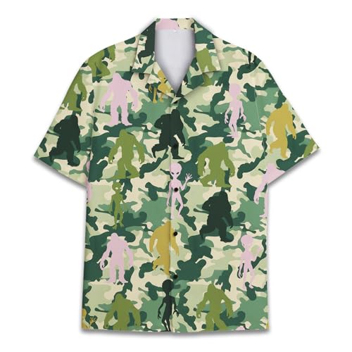 Camisa hawaiana para hombre y mujer, divertida camisa hawaiana para hombre, verano, playa, Aloha, manga corta, casual, con botones, Bigfoot Alien, XXL
