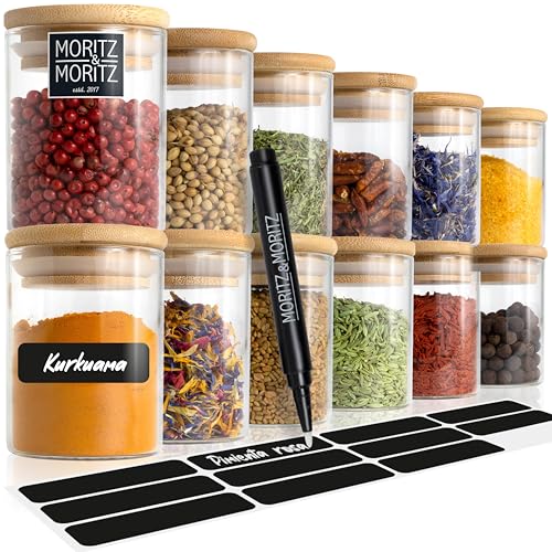 Moritz & Moritz Tarros para Especias - 12 Botes Especias Cristal de 125 ml Cada uno Incl. 12 Pegatinas de Pizarra y 1 Lápiz de Tiza - Tarros herméticos Redondos para Especias, Hierbas y Té