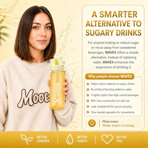 Image of WaveX Scented Water Bottle with 3 Cola Scent Pods, BPA Free, Flip Top Leak-Proof Lid, Straw & Carry Strap Included, Enhance Hydration with Subtle Aroma Experience,No Sugar or Calories (Golden Yellow)