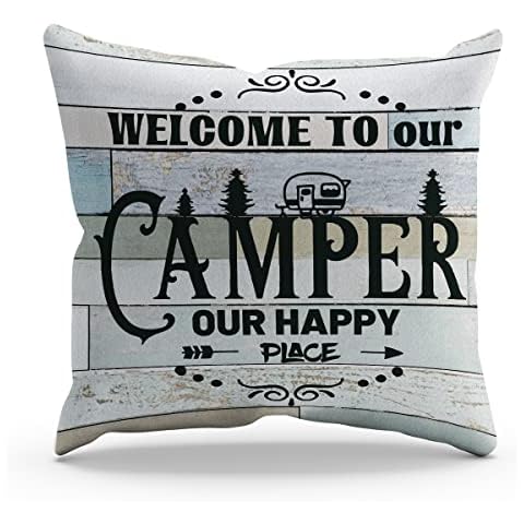 Funny Welcome to Our Camper Our Happy Place Throw Pillow Cover Pillowcase Camping Theme 18x18 Inch Decor for Sofa Bed Couch,Campsite RV Decor,Camping Lovers Campers Gifts Cover