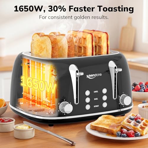 Image of Keenstone Toaster 4 Slice, Retro Stainless Steel Wide Slot Toaster with Dual Independent Controls, 6 Browning Levels, Bagel, Defrost, Reheat & Cancel, Removable Crumb Tray, Black