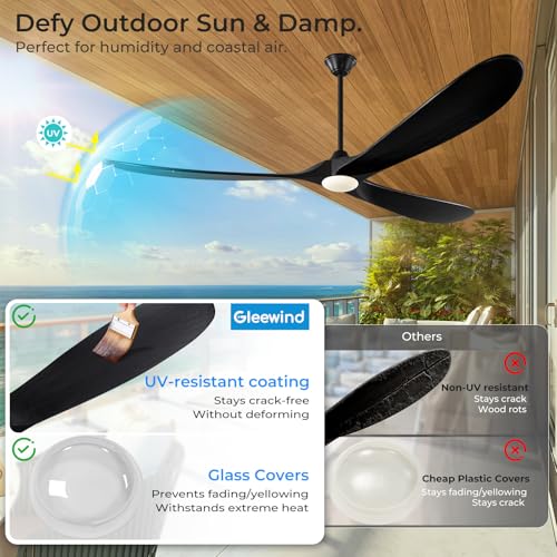 Image of 72 inch Outdoor Ceiling Fans with Lights-Glass Lamp, Large Damp Rated Wood Propeller Blades for Big Patios & Porch, Smart APP and Remote Control, 3 Blades Dimmable LED Ceiling Fans, High CFM-Black