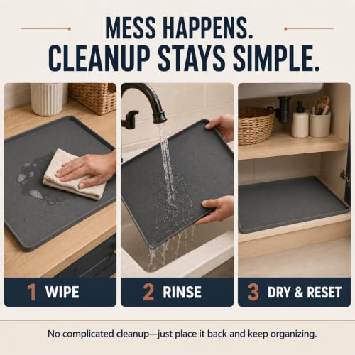 25“ x 19“ Waterproof Under Sink Mat for Bathroom,Kitchen,Pet Feeding Mat | Silicone Cabinet Liner Shelf Protector Organizer,Leaks Flexible Drip Tray- Holds 3.5 Gallons - Dark Gray - image 4