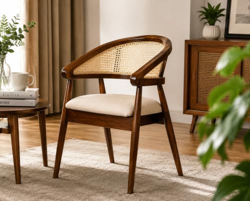 Image of Little eXtra Wooden Cane Dining Chair | Solid Wood Accent Chair with Handwoven Rattan Backrest | Modern Armchair for Living Room, Study & Cafe| 55 x 55 x 81 cm