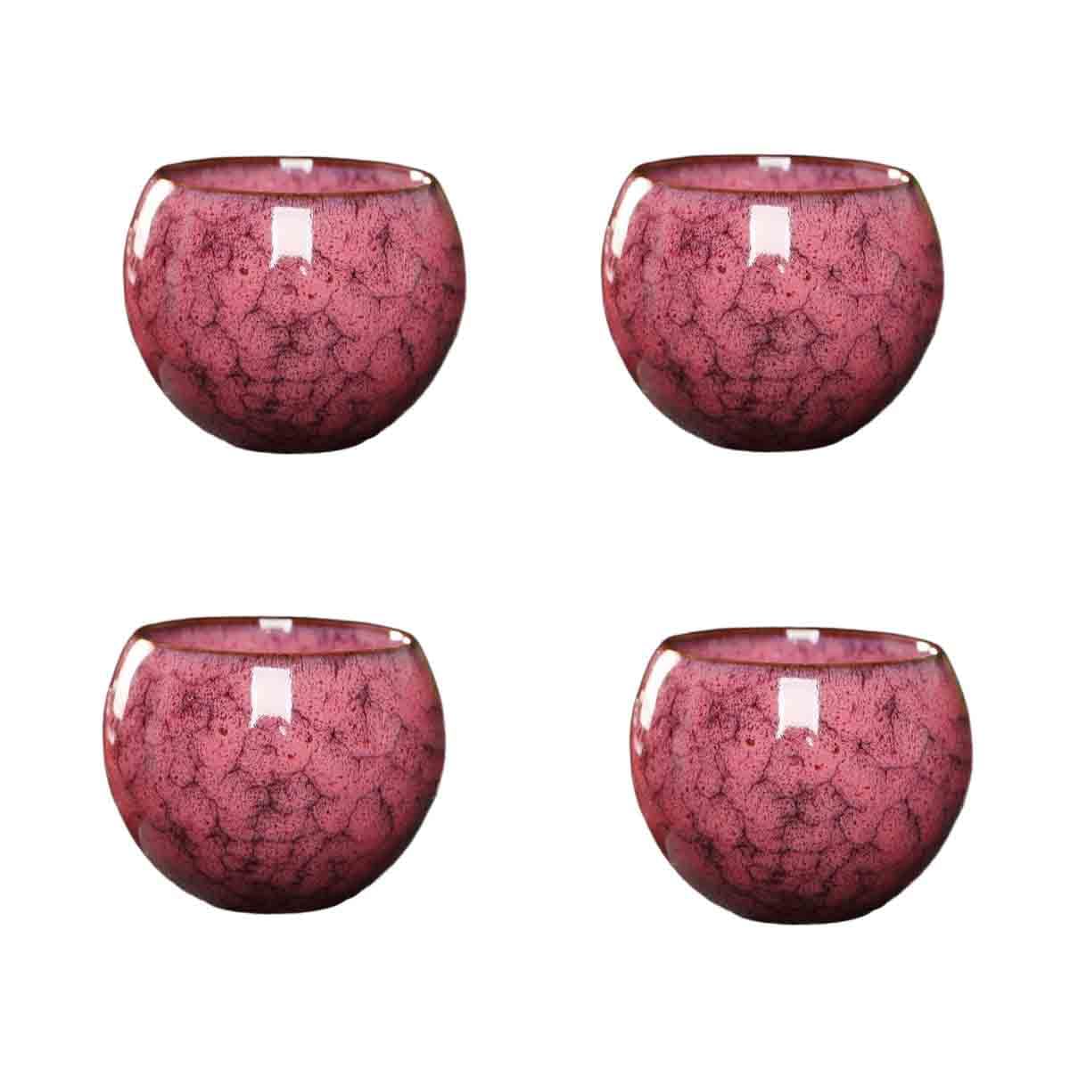 Lot de 4 tasses à thé traditionnelles chinoises japonaises en céramique pour la maison, l'extérieur et le bureau (rose rouge)