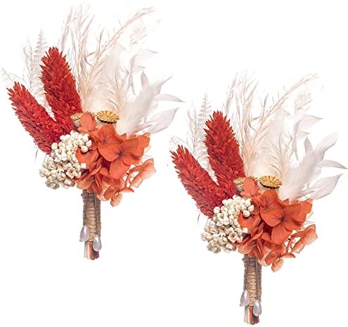 Dried Flowers Boutonnieres 2-Piece Set for Boho Rustic Wedding Groom and Groomsmen Corsage Anniversary Dinner Ceremony (Terracotta)