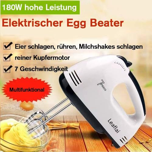 Leafai Handmixer - Elektrischer Handrührgerät mit 7 Geschwindigkeitsstufen Turbo-Boost Handmixer mit 5 Edelstahl-Zubehörteilen zum Schlagen und Mischen – spülmaschinenfest
