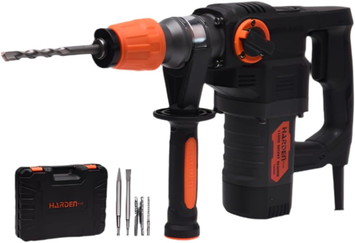 1100W Rotary Hammer Drill 110V - SDS Plus Chuck, 2 Drills & 2 Chisels, FCC Approved - Max Drilling Capacity: Wood 40mm, Concrete 28mm, Steel 13mm