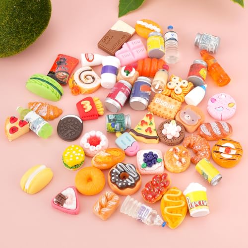50Pcs Miniature Food Drinks Bottle Soda Pop Cans, Pretend Play Mini Kitchen Game Party Accessories Toys Hamburg Cake Ice Cream for 1/12 Doll House