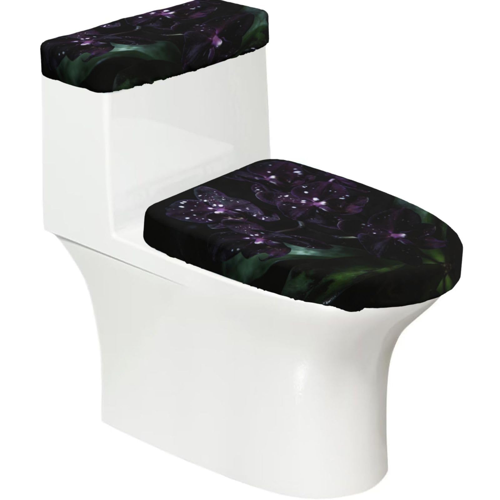 Cntdbu Black Dark Purple Orchid Stretchy Toilet Lid And Tank Cover Set-Soft Elastic Bathroom Decor For U Shape Oval