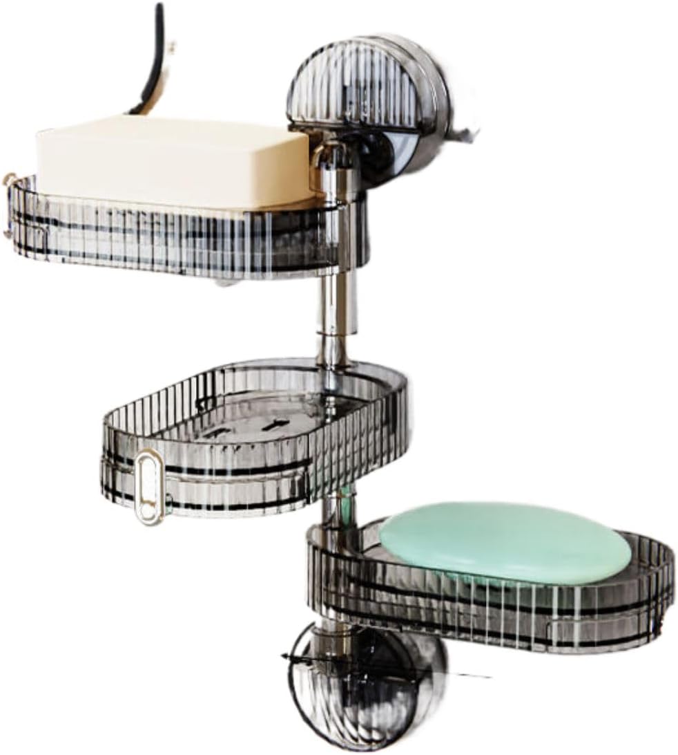 吸盘壁挂式置物架 Under Sink Storage for Kitchen Bathroom Cabinet,免打孔墙上家用浴室双层卫生间沥水-透明灰色(可180°旋转/带沥水盘)