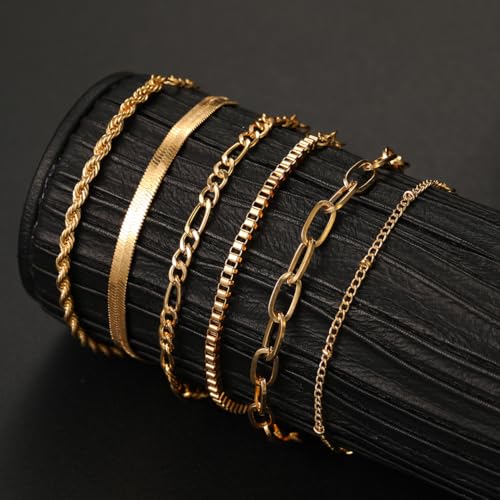 Image of Shining Diva Fashion Gold Plated Bracelet Set for Women & Girls | Set of 6 Trendy Chain Bracelets | Adjustable Layered Bracelet Combo for Daily Wear, Party, Office & Gifting