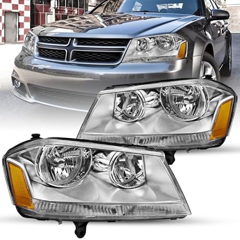 SOCKIR Headlight Assembly Fit for 2008-2014 Dodge Avenger Driver and Passenger Side Chrome Housing with Amber Reflector Cover
