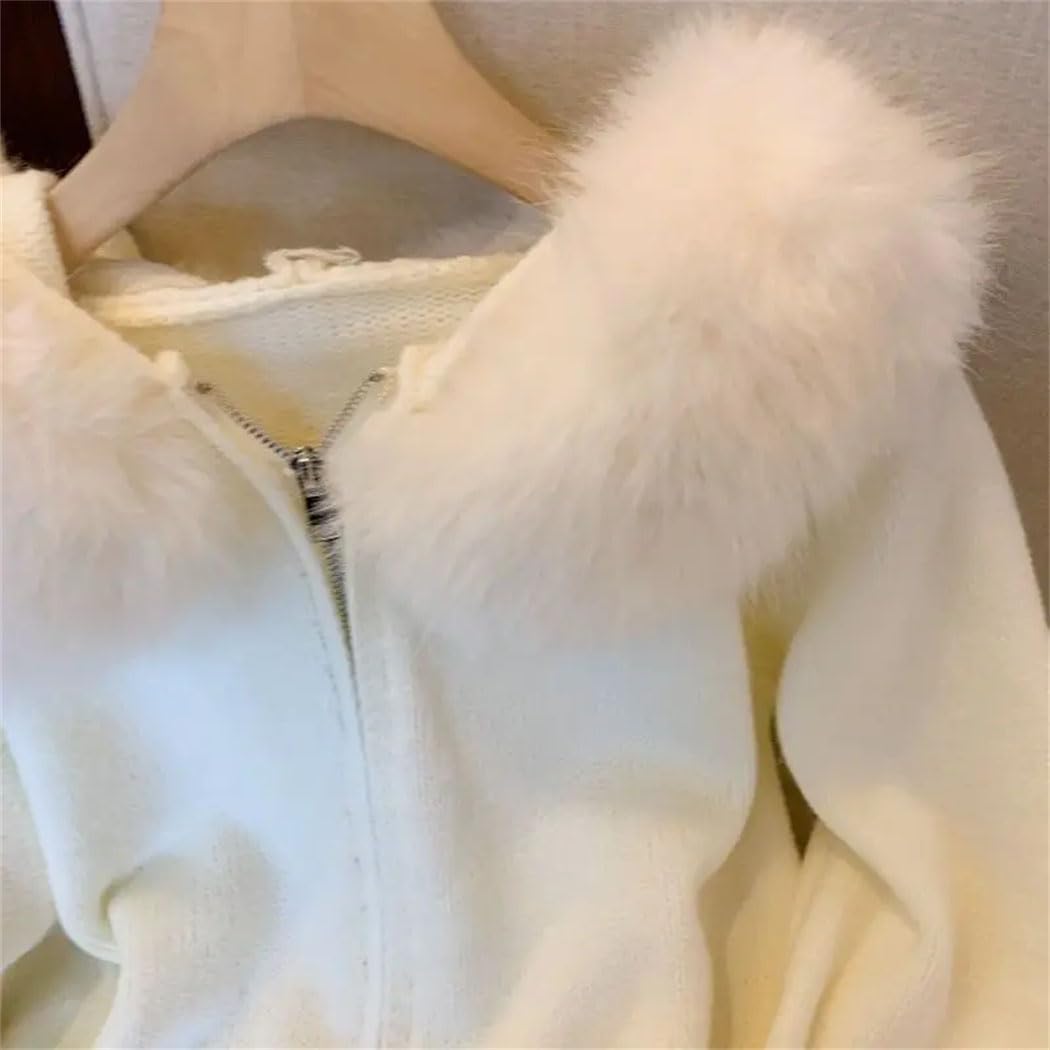 女性ダブルジッパーファーカラーフード付きニットカーディガントップスリムクロップドセーターコート春のためのコート