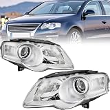 TUSDAR Headlight Assembly Compatible with 2006 2007 2008 2009 2010 VW Passat B6 Halogen Headlamp Chrome Housing Clear Reflector Driver and Passenger Side Headlights