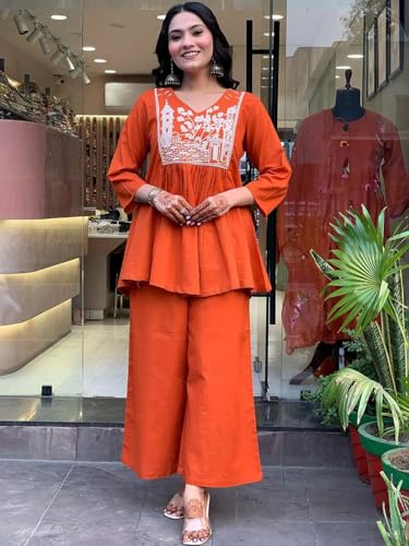 Image of Women's Rayon Kurti Set with Palazzo Pants | Embroidered V-Neck A-Line Short Kurti with 3 /4 Sleeves | Casual Ethnic Co-Ord Set for Daily Wear, Office & Festive