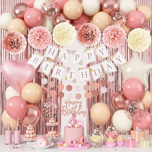 Jobkoo Décorations d'anniversaire roses pour femmes, ballons en latex bohème rose poudré, or rose, beige poudré, bannière « Happy Birthday » - Rideau à franges en papier de soie pour femme et fille