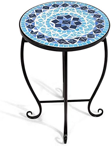 COSTWAY Garden Side Table, 60cm Mosaic Round Plant Table, Indoor Outdoor Patio Balcony Terrace Bistro Coffee Bar Table Furniture (Blue)